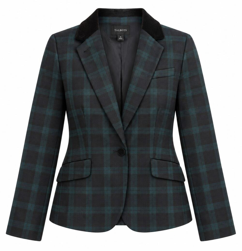 Talbots Size 10 Wool Blend Plaid Tartan Blazer Velvet Collar Preppy Equestrian